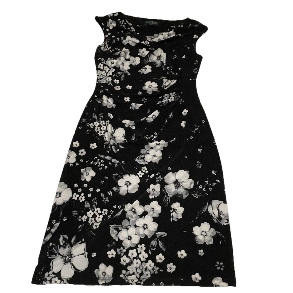 Ralph‎ Lauren Ruched Stretch Black-and-White Floral Dress Size 10